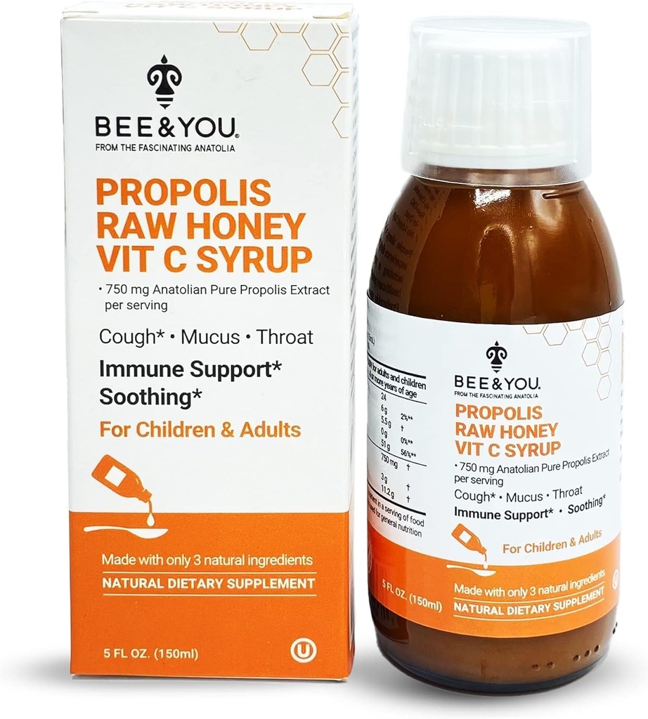 BEE y Usted Propolis Extract Cough Syrup w/Vitamin C, Soothing Honey, Natural Immune Support, Sore Throat Relief, Antioxidants, for Kids &amp; Adults, 5 Fl Oz, for Hombres y Mujeres