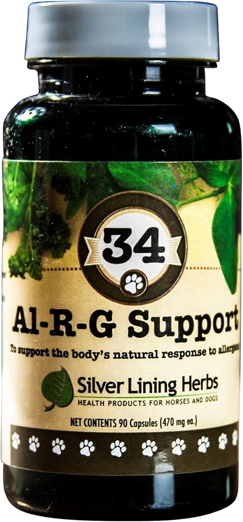 Herbs de forro de plata 34 Canine Al-R-G - Suplemento de alergia herbaria para perros - Alivio natural para perros - Boosts a Dog's Healthy, Normal, and Natural Response to Allergens - 90 cápsulas