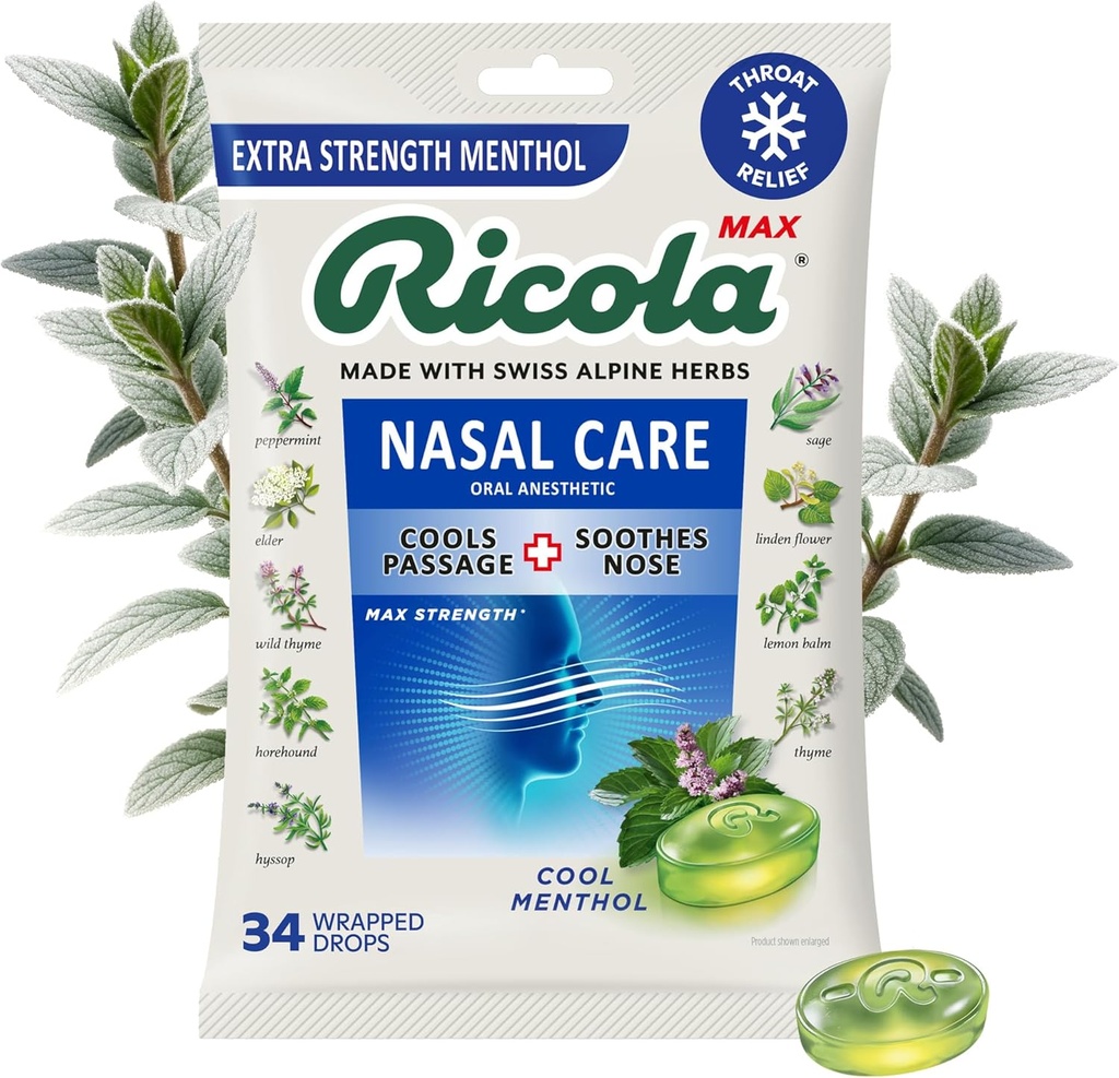 Ricola Max Cool Menthol Nasal Care Large Bag ← Tos Suppressant Drops ¦ Dual Action Liquid Center ← Soothing Long-Lasting Relief - 34 Count (Pack of 1)