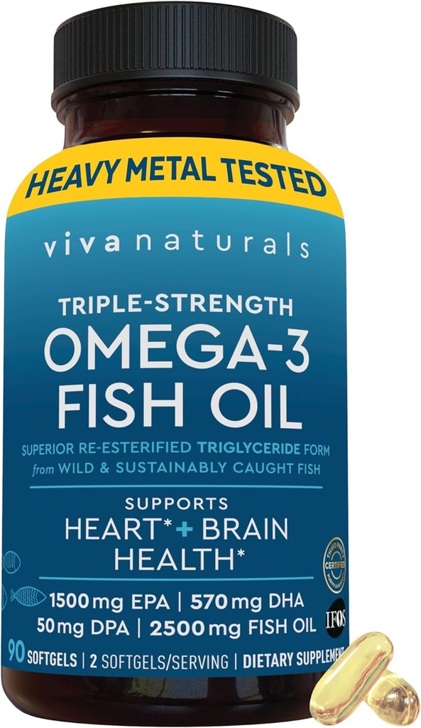 Viva Naturals Triple Fuerza Omega 3 Píldoras de aceite de pescado – 2500 mg Fórmula de alta potencia con 2250 mg Omega 3 Ácidos grasos (EPA, DHA, DPA) en forma rTG para la absorción – Certificado IFOS, 90 Softgels