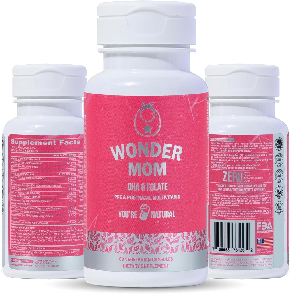 Vitaminas prenatales " Postnatales Premium: Folate, DHA, Choline, Iron, B12, Probióticos multivitamínicos, apoya el desarrollo del cerebro fetal, el embarazo " Postpartum Health, Vegan, No Gluten-Free, 30 días