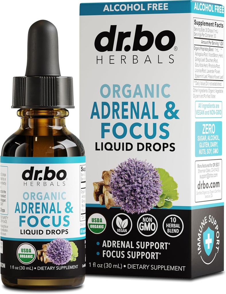Complementos de Soporte Adrenal Liquid Drops - Arenal Orgánico y Suplemento de Focus, Gerente de Cortisol Adaptogen Adultos, Ginkgo Biloba para Niños Calma - Cerebro Natural y Memoria Fatiga Stress Atención 1oz