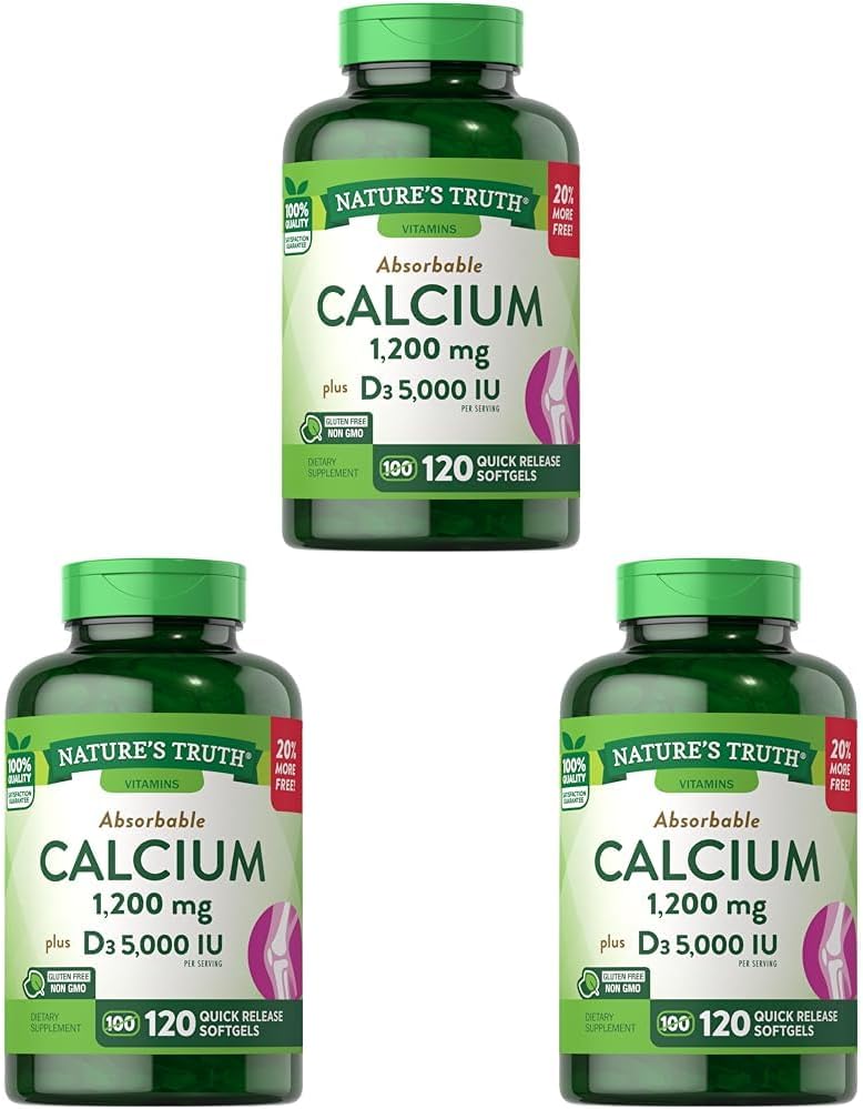Verdad Absorbable Calcio 1200 mg con Vitamina D3 5000 UI Silencio 120 Softgels Silencio Calcium Carbonate ← No GMO Gluten Suplemento gratuito (Pack of 3)