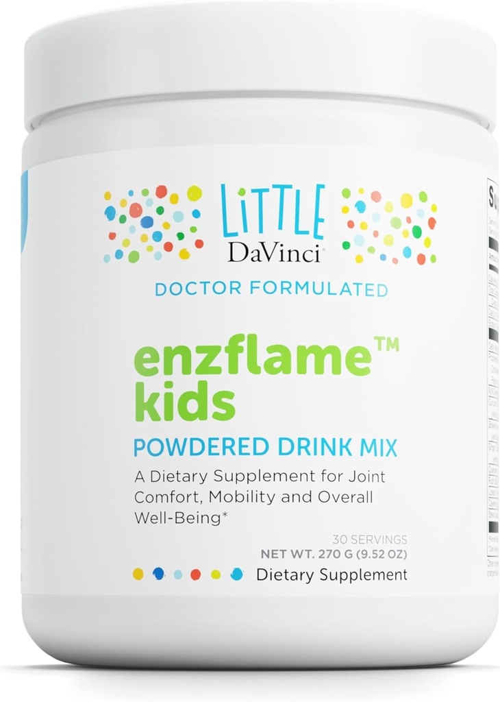 Little DaVinci Enzflame Kids - Powder Drink Mix Suplemento para apoyar el músculo y el confort conjunto, la movilidad y la salud inmunitaria* - Con Calcio, Sodio, Enzymes, DMG, y Más - Orange Flavor - 30 Servimientos