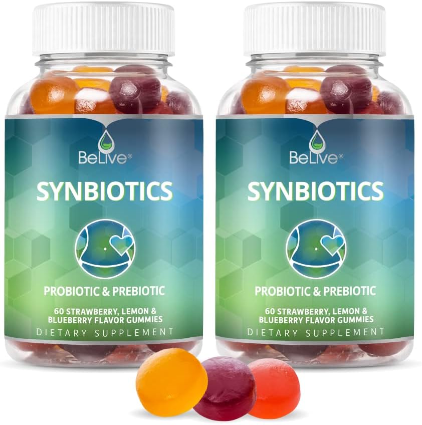 Sinbióticos BeLive - Gummies de fibra prebiótica y probiótica – Inulina de alta resistencia (3g), Suplemento de fibra dietética, Apoyo Digestivo para Adultos Infantiles - Fresa, Lemon, Blueberry Flavor ← 2-Pack