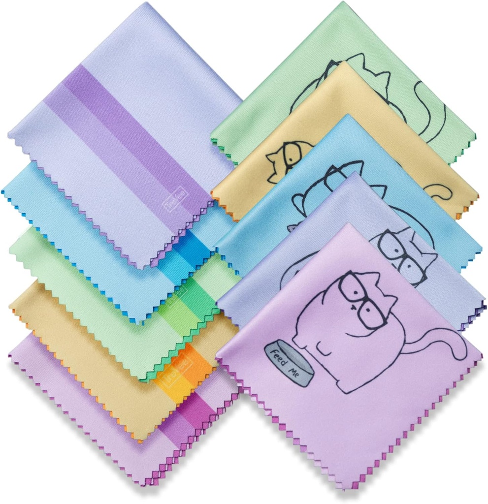 10 Pack Cute Kitty Cat Design Multicolor Microfiber Cleaning Cloths for Cleaning Eyeglasses Lenses Sunglasses and Cell Phone Beautifully Designer Colors Blue Pink Yellow Purple Green Cloth Wipes