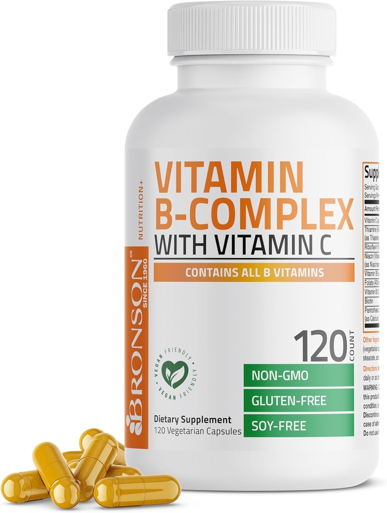 Complejo Bronson Vitamina B con Vitamina C - Salud Inmuna, Apoyo Energético & Nervous System Support - Non-GMO, 120 cápsulas vegetarianas