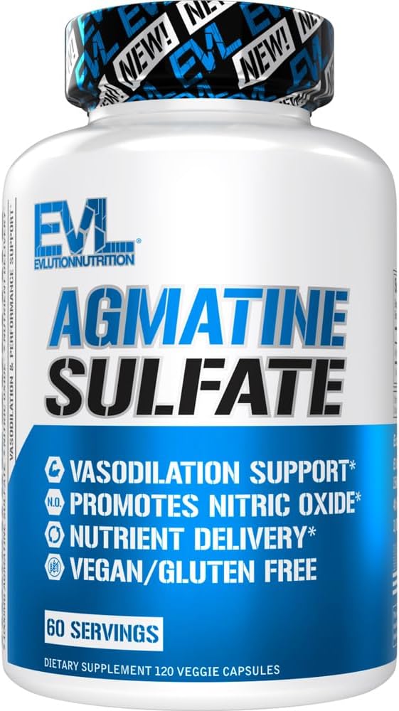 Evlution Nutrition Agmatine Sulfate Nitric Oxide Capsules - High Strength Agmatine Sulfate Nitric Oxide Supplement for High Intensity Pumps Muscle Growth Recovery and Performance - 60 Servings