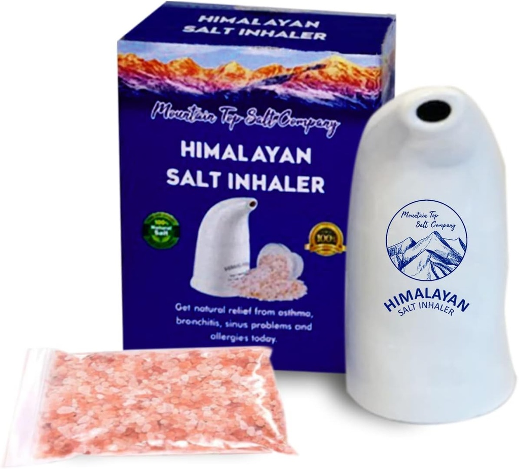 Inhalador de sal de cerámica Himalaya con sal de cristal rosa Himalaya – Grande para la alergia, el alivio de asma y otras condiciones respiratorias – Handheld y Portable