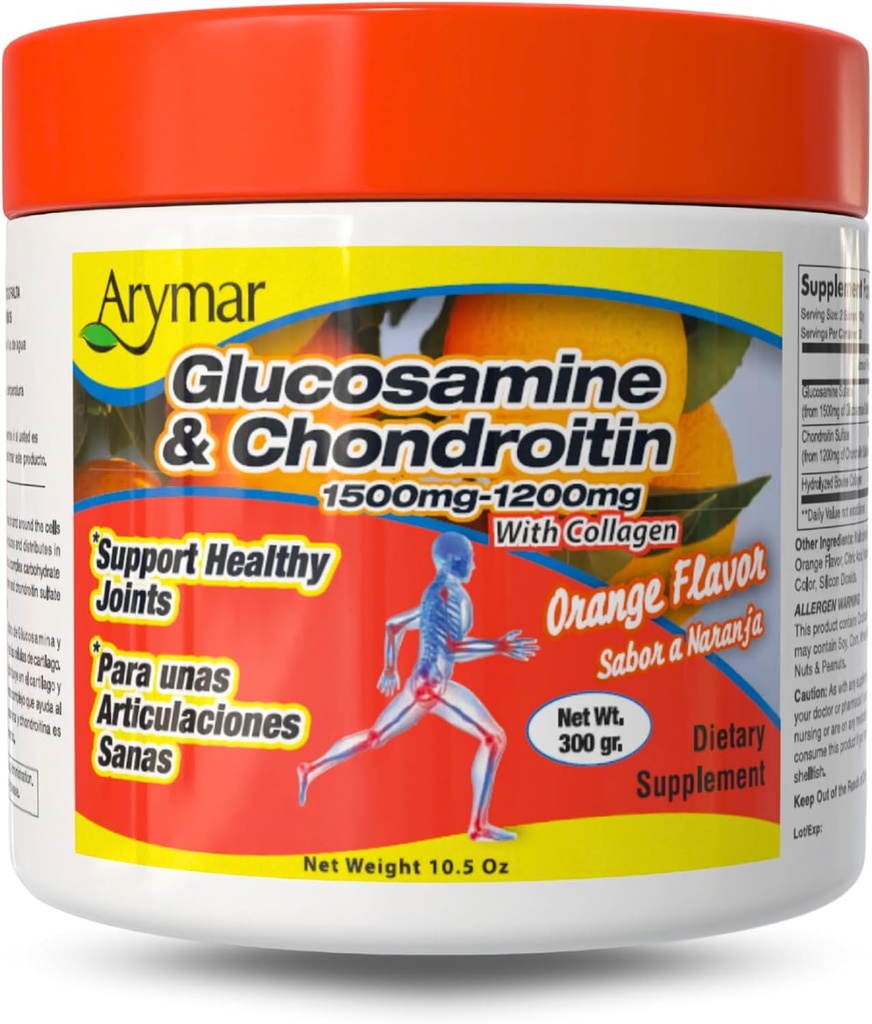 Arymar Glucosamina 1500 mg + Condroitina 1200 mg con Collagen – Polvo Conjunto de Salud sabor a naranja, 300 g