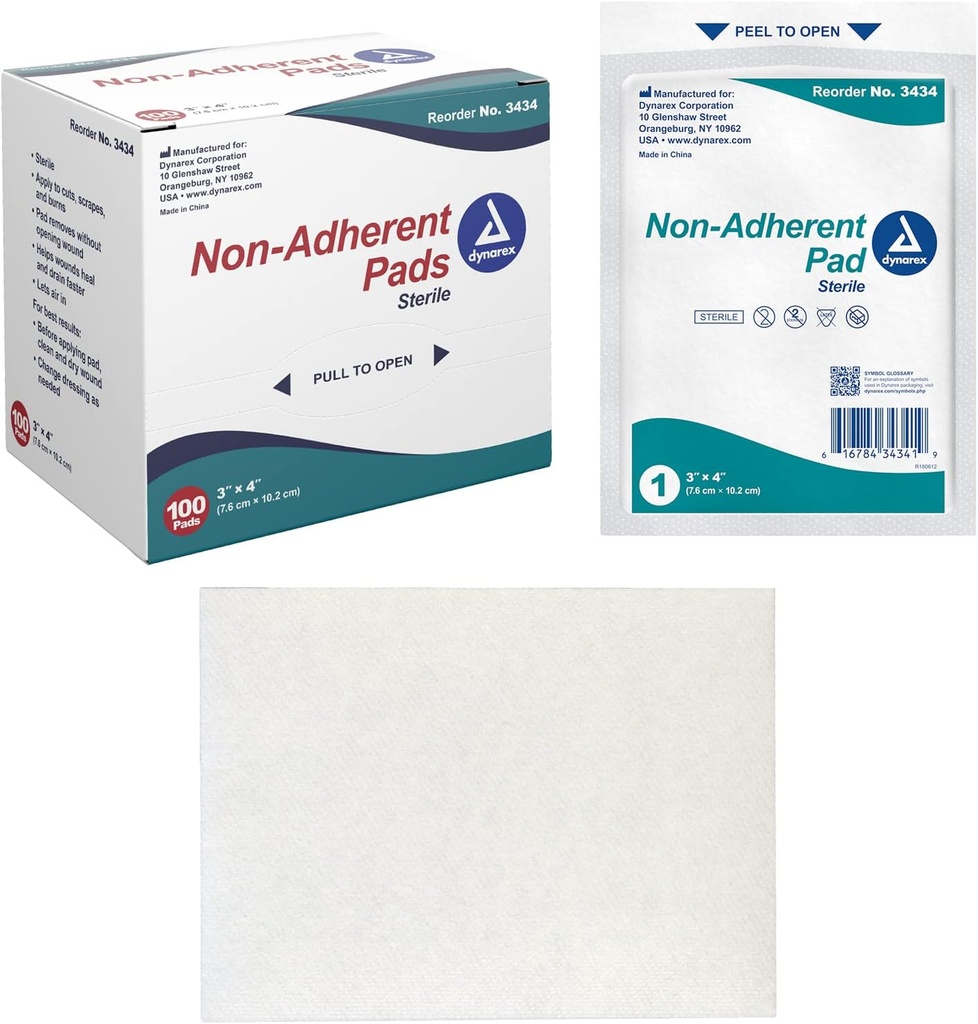 Dynarex Non-Adherent Pads-Sterile, Individualmente Empaquetado, No-Stick Wound y Burn Care, Soft &amp; Highly Absorbent, 3” x 4”, 1 Box of 100 Non-Adherent Pads-Sterile