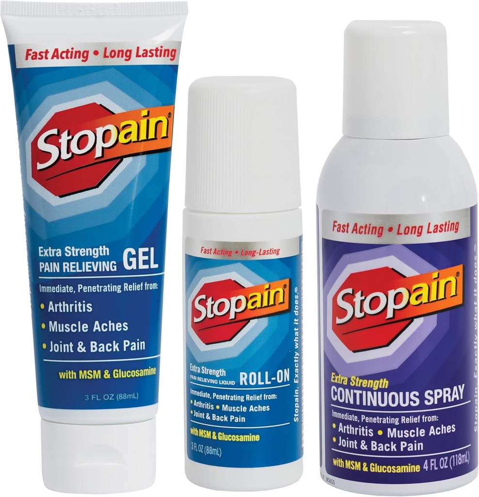 Stopain Pain Relief Combo Set (Gel, Roll On, Spray) USA Made, Max Strength Fast Acting with MSM, Glucosamine, Menthol for Lower Back, Knee, Neck HSA FSA Topical Analgesic Products