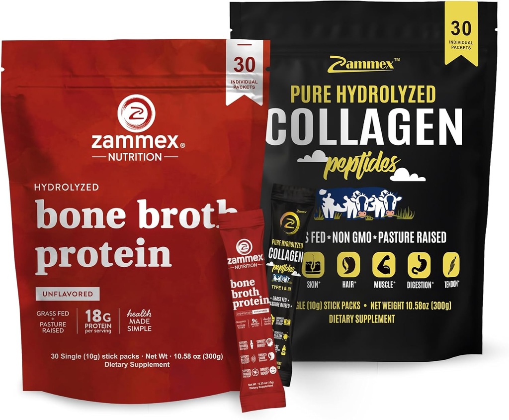 Bone Broth Protein Powder Packets + Collagen Peptides Powder Travel Packets (Tipo I, III)