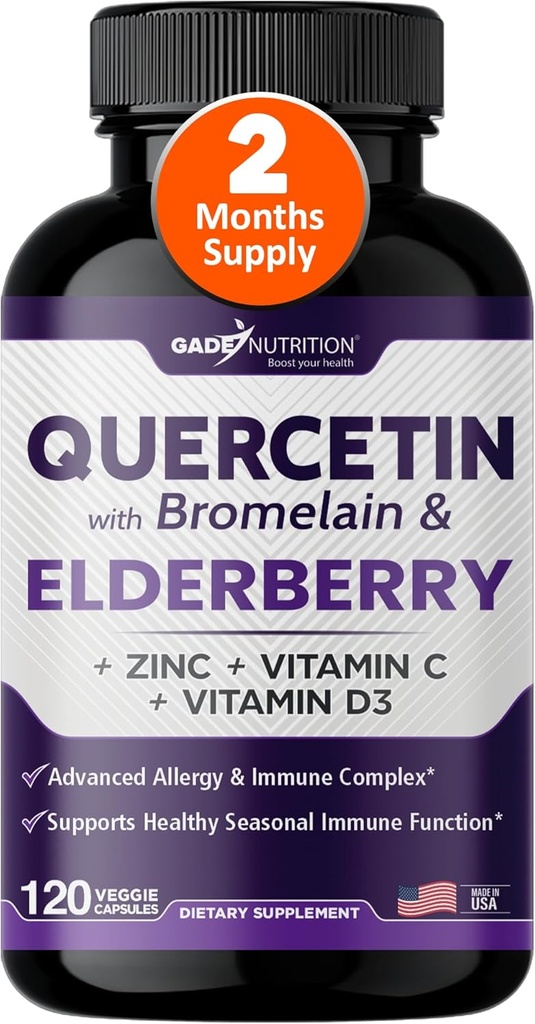 Gade Nutrition Quercetin with Bromelain " Elderberry  durable Quercetin with Vitamin C and Zinc ← Zinc Quercetin 500mg with Vitamin D3 ← Daily Immune Support Suplemento - 2 Meses Supply