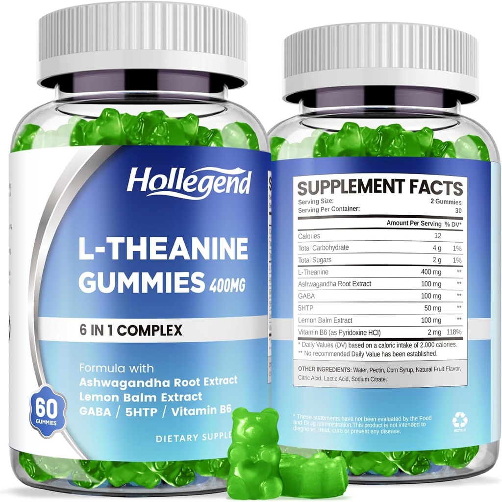 L-Theanine Gummies, l'theanine 400mg con Ashwagandha, GABA, 5HTP,L-Theanine Chewable Suplemento para Relax, Zzz & Focus Support, Vegan, Lemon Flavor, 120 Condes