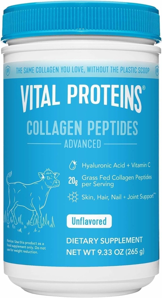 Proteínas Vitales Grass Colágeno Suplemento Péptidos Hidrolyzed con ácido hialurónico y vitamina C - No GMO, Dairy &amp; Gluten Sin sabor, 9.33oz