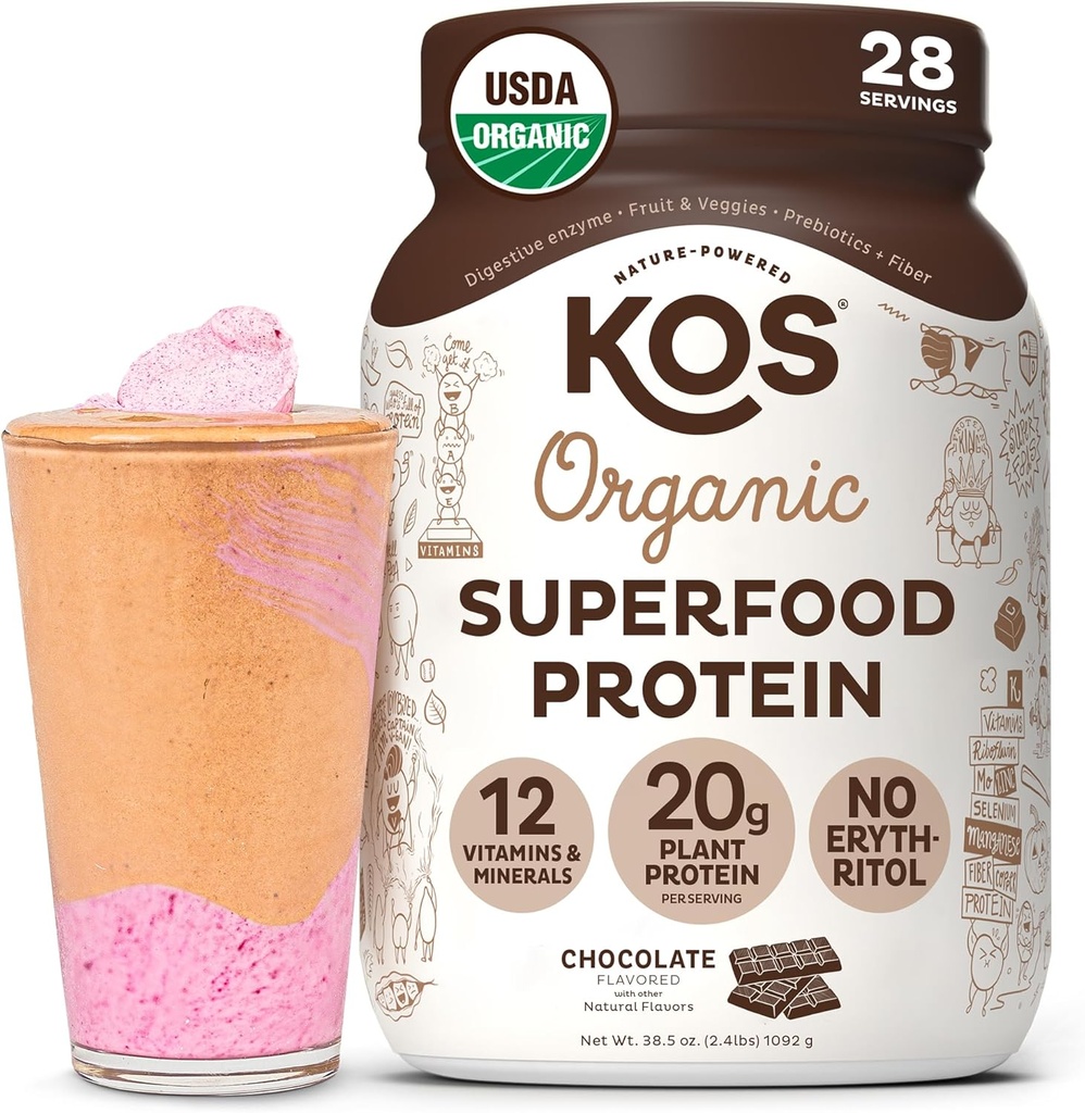 KOS Vegan Protein Powder Erythritol Gratis, Chocolate - Orgánica Pea Protein Blend, Superalimentos basados en plantas Rico en vitaminas y minerales - Keto, Dairy Gratis - Reemplazo de comida para hombres y mujeres, 28 Serviciones