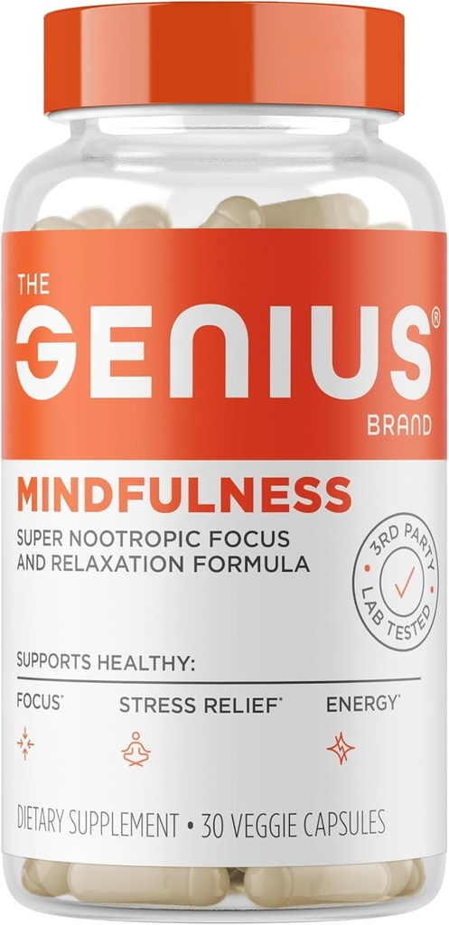 The Genius Brand Genius Mindfulness - Suplemento de salud cerebral - Supports Healthy Mindsets - Calm, Energy, Memory " Focus Support - Ashwagandha, NeuroFactor " Más - 30 píldoras vegetarianas