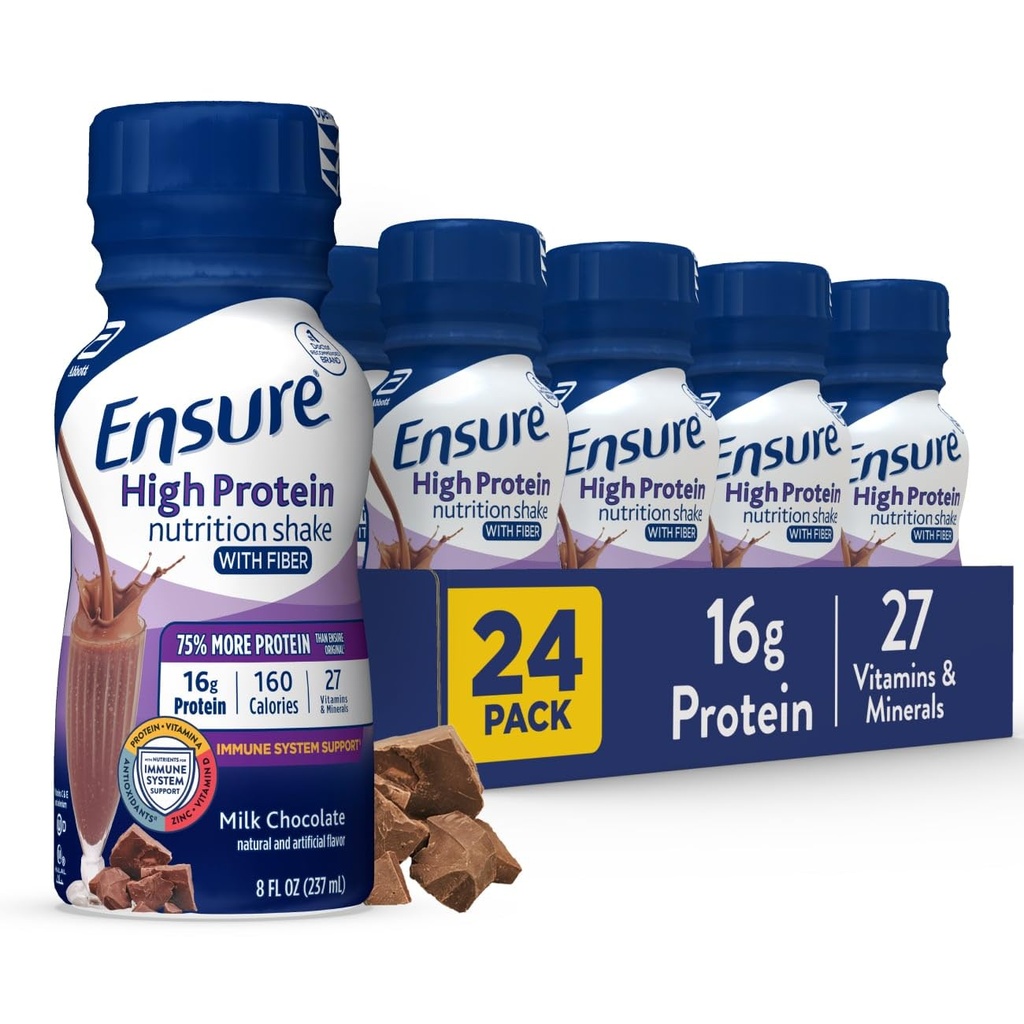 Asegurar Alta Proteína Leche de Chocolate Afeitado con fibra, listo para beber, 16g Proteína y 27 Vitaminas y Minerales, 8 fl oz, 24 Pack