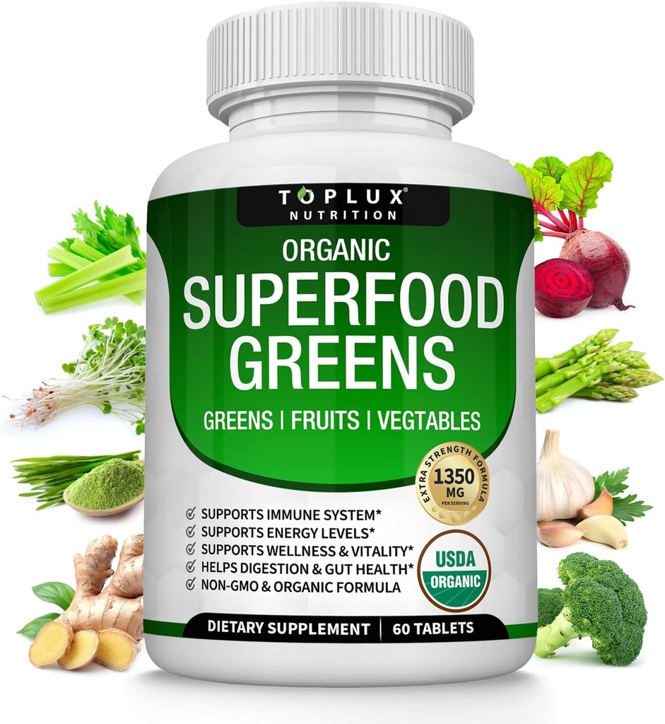 Ecológico Super Verdes Capsules Superfood Fruit Veggie Suplemento - 28 Potentes Ingredientes Naturales con Alfalfa, Beet Root, Tart Cherry &amp; Ginger para Immune & Energy Support, para Hombre Mujeres, 60 Tablets