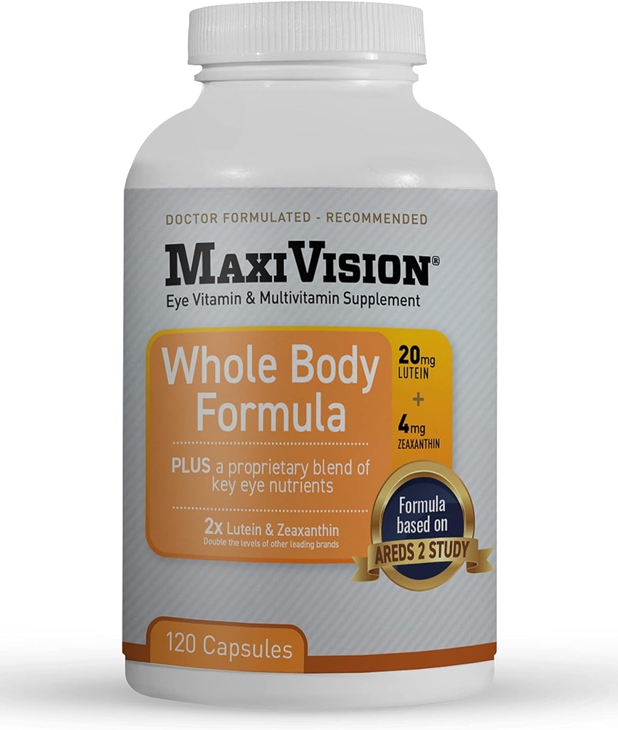 MaxiVision® AREDS 2 Fórmula entera del cuerpo - AREDS 2 Vitaminas del ojo w/Lutein y Zeaxanthin - para soporte Macular - Suplementos del ojo para el estrado del ojo - 120 Cápsulas Cuenta, 1 Botella