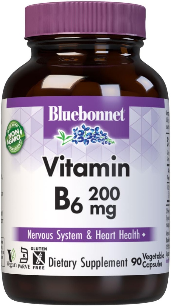 Bluebonnet Nutrition Vitamin B6 Vegetable Capsules, 200 mg, Para Cardiovascular and Nervous System Health, Soy Free, Gluten Free, Kosher, Dairy Free, Vegan, Non-GMO, 90 Vegetable Capsules, 90 Servidores