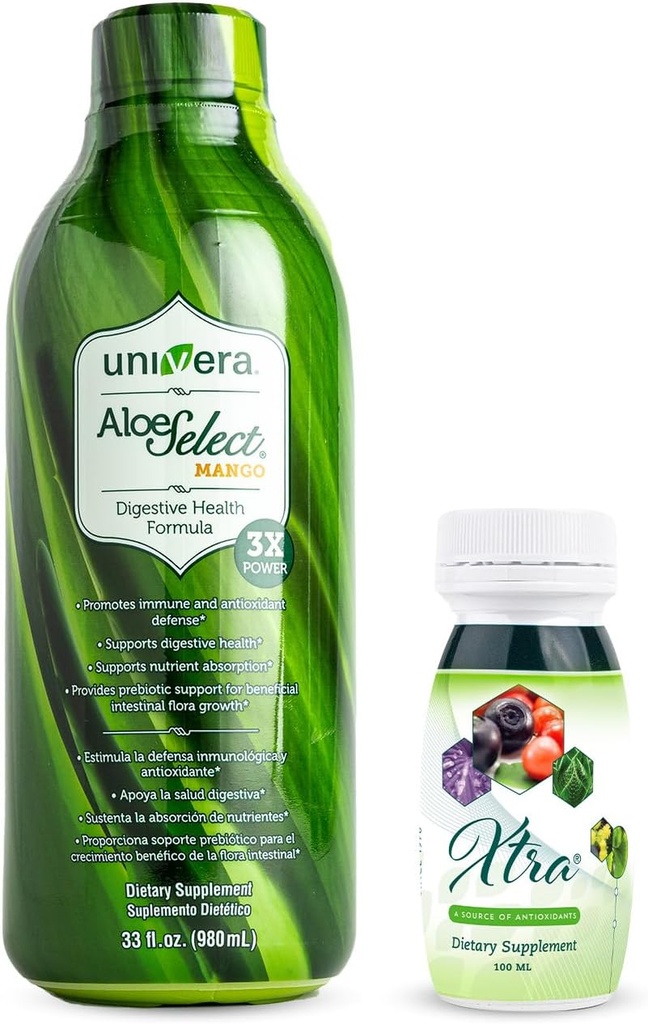 Univera para ir Pack Aloe Vera Juice, Orgánica Aloe Vera, Mango Flavor Xtra Minis, Complejo de fruta multimineral, 15 ingredientes naturales,