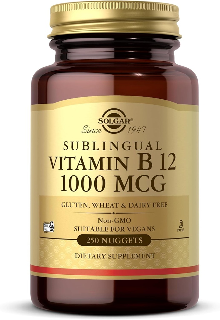 Solgar Vitamina B12 1000 mcg, 250 Nuggets - Apoya la producción de energía, células rojas de sangre - Sistema nervioso saludable - promueve la salud cardiovascular - Vitamina B - No GMO, Gluten Gratis - 250 Servings