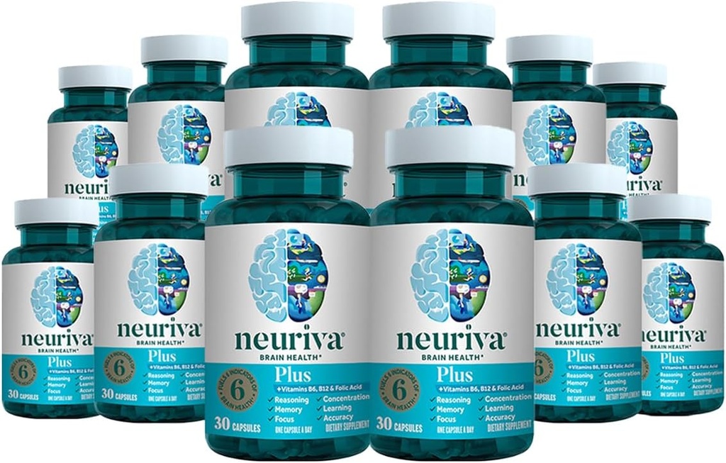 NEURIVA Plus Suplemento Cerebro para la memoria, Focus " Concentración + Función cognitiva con fosfatidilserina y neurofactor clínicamente testados, VIT B6 " B12, 30 cápsulas de cuenta (12 Pack)