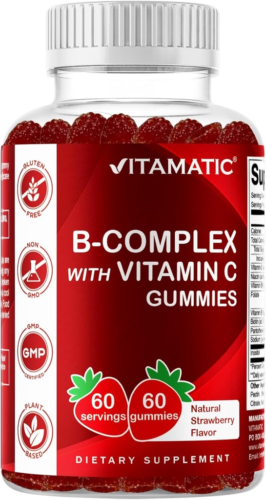 Complejo de vitamina B con vitamina C &amp; Inositol - sabor de fresa natural - 60 gomas (1 botella)