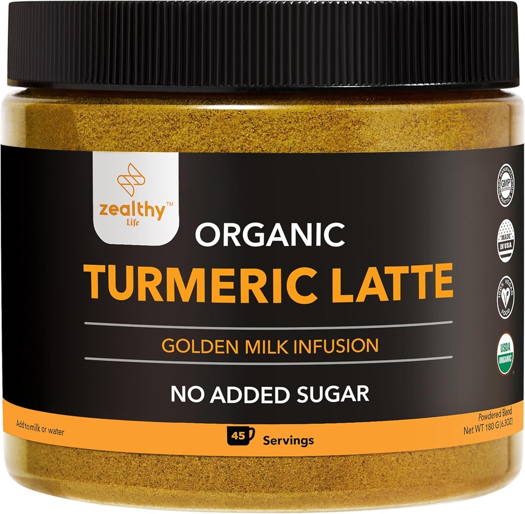 Organic Turmeric Latte Powder – USDA Certified, No Added Sugar Turmeric Supplement with Ceylon Cinnamon, Zealthy Life, 45 Servings
