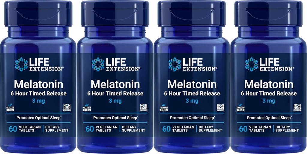 Extensión de la vida Melatonina 6 horas de liberación 3 mg, 60 tabletas vegetarianas (Pack of 4)