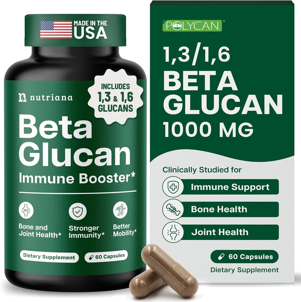 Nutriana Beta Glucan Suplementos 1000mg – 1,3/1,6D Beta Glucan Capsules para Immune Support – Natural Beta Glucans Fiber Supplement – 60 Veggie Capsules (60 Cuenta, Desflavorado)