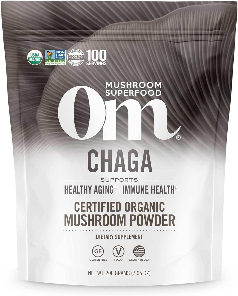 OM MUSHROOM SUPERFOOD Chaga Organic Mushroom Powder, 7.05 Unce Pouch, 100 Servings, US Grown, Sacred Antioxidants & Immune Support, Superfood Mushroom Supplement
