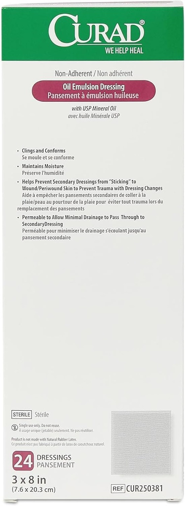 CURAD Aceite Emulsión de Vestir, 3" x 8" No Adherente Gauze, 24 Cuenta (Pack de 6)
