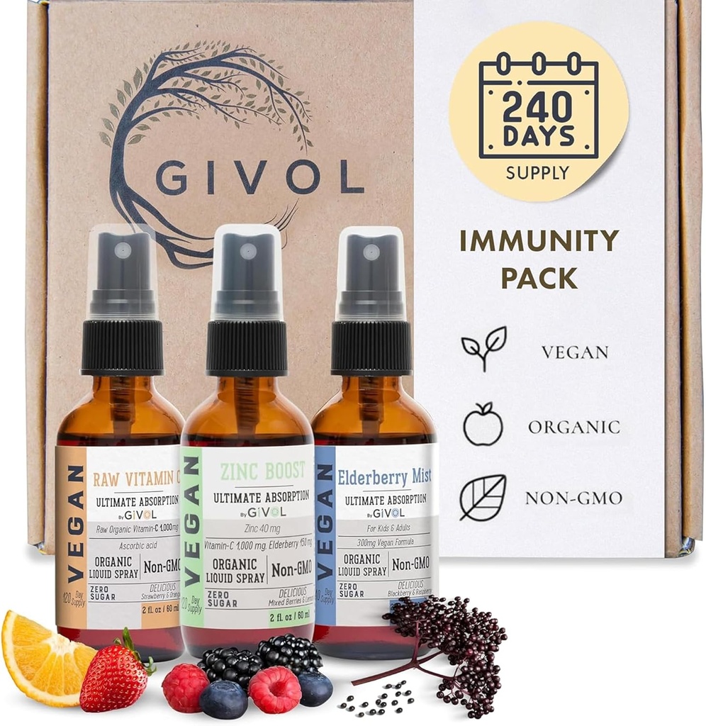 Immunity Pack Vitaminas líquidas (Pack of 3) Sambucus Nigra Elderberry Mist, Zinc Boost Mist y Vitamina C Mist (Extra Strength) - Natural Immune System Support - Non-GMO Gluten-Free - 240 Days Supply