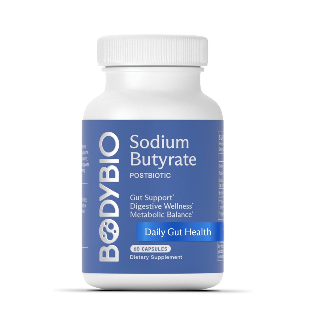 BodyBio Butyrate - Postbiotic for Gut Health, Digestive Support, Bloat, Gas & Constipation Relief, Leaky Gut Repair - Sodium + Butyric Acid Supplement for GI Wellness - 60 Capsules
