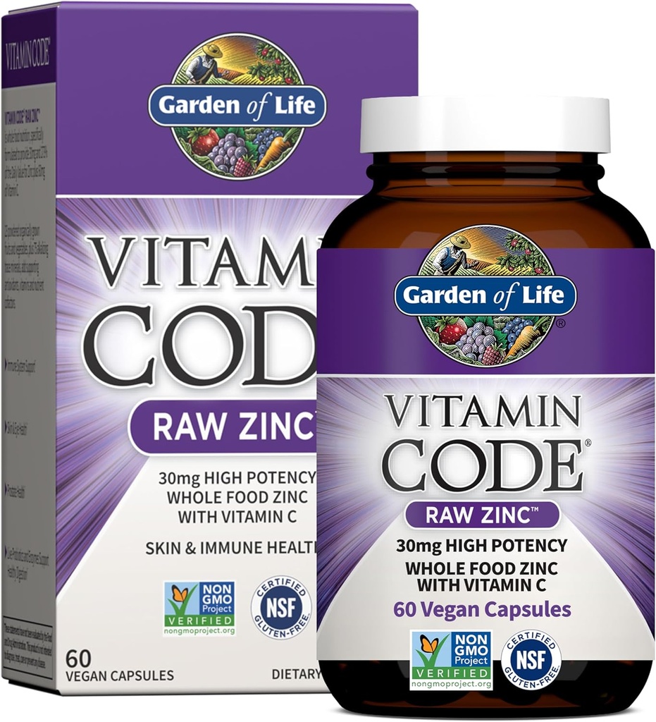 Jardín de la vida Zinc Suplementos 30 mg de alta potencia Zinc crudo y vitamina C Suplemento multimineral, Código de vitaminas Trace Minerales " Probióticos para la salud de la piel " , 60 cápsulas veganas