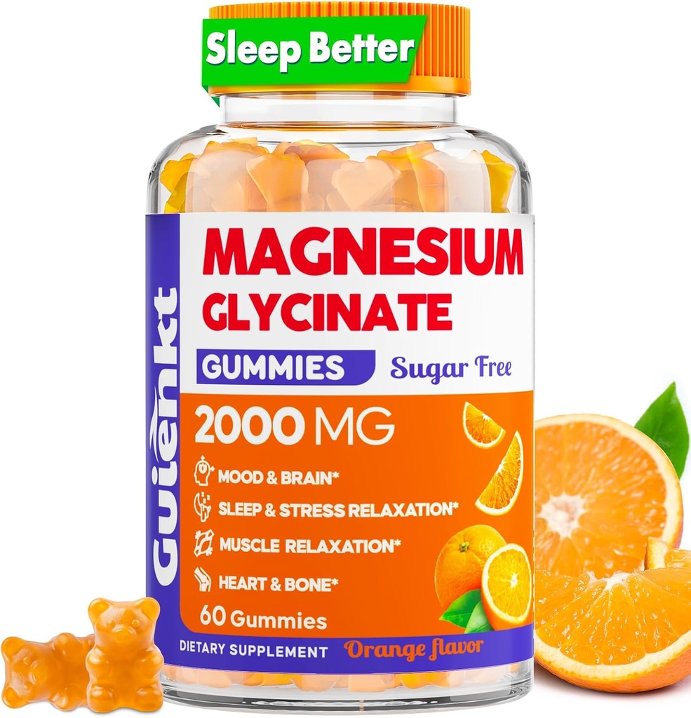 Magnesium Glycinate Gummies 2000 mg, Azúcar gomas de magnesio gratis para adultos para dormir, calma, relajación, Pectin Based, Orange Flavor, 60 gomas vegetarianos