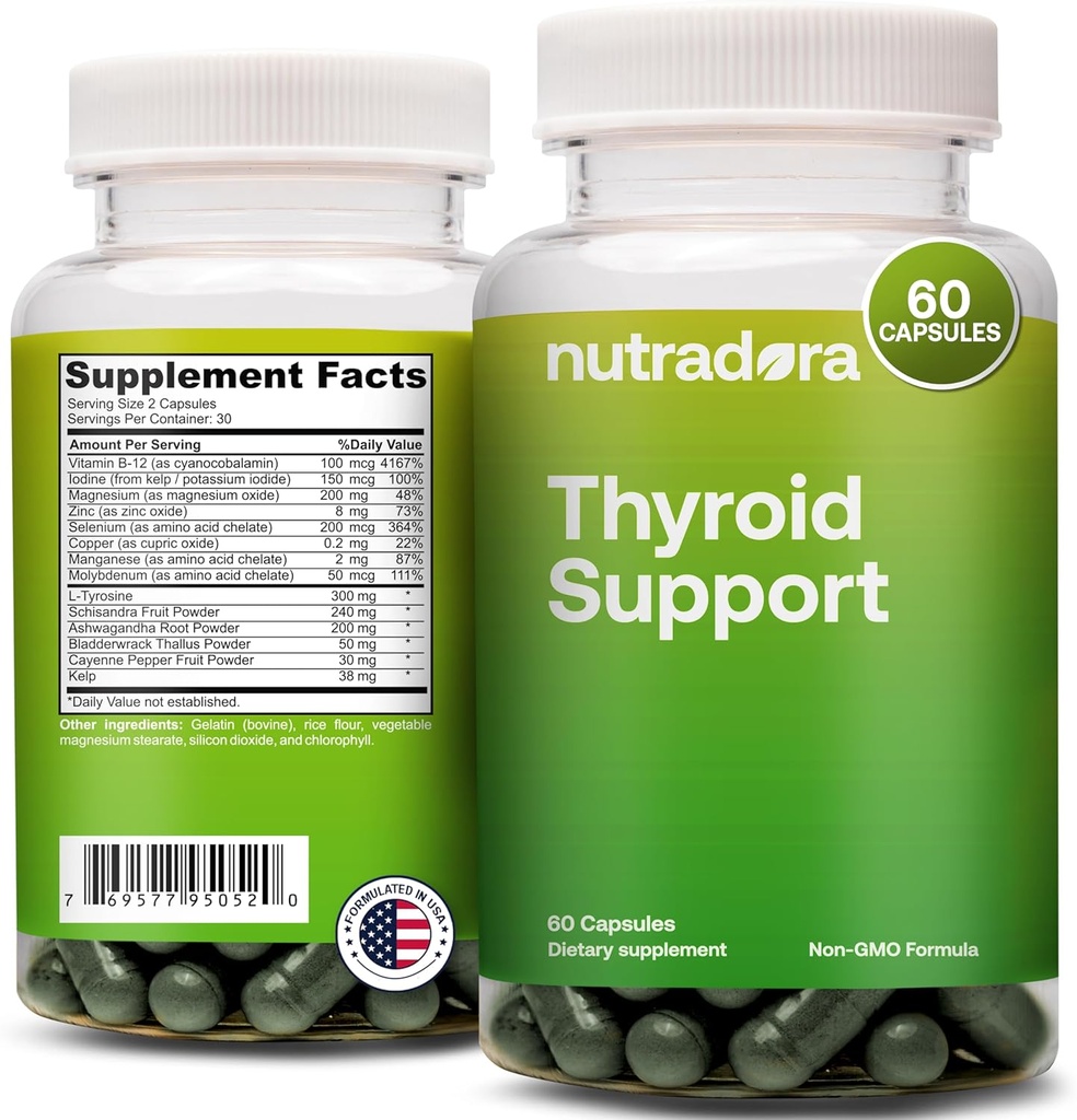 Soporte de tiroides para mujeres y hombres - Suplemento de tiroides con yodo, vitamina B12, Ashwagandha, Selenium y Zinc Suplementos, GMP certificado, Formulado en EE.UU., 60 cápsulas (Pack of 1)