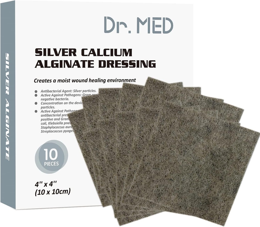 Dr. Med Silver Calcium Alginate Wound Dressing 4''x4' Patches, 10 Individual Pack High Absorbency Ag Alginate Wound Bandage, Non-Adhesive, Painless Removal Gauze for Bedsore, Ulcers, Skin Abrasions