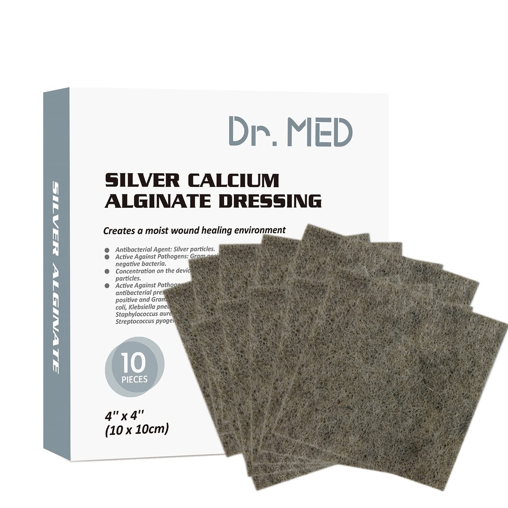 Dr. Med Silver Calcium Alginate Wound Dressing 4''x4' Patches, 10 Individual Pack High Absorbency Ag Alginate Wound Bandage, Non-Adhesive, Painless Removal Gauze for Bedsore, Ulcers, Skin Abrasions
