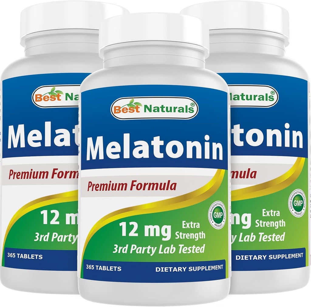 Mejores Naturales Melatonina 12 mg (1 año de suministro) - Ayuda para dormir sin drogas - Melatonina para dormir y relajarse, 365 Conde (365 Conde (Pack of 3))