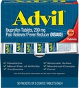 Tablas de Ibuprofeno Advil, 200 mg Alimentador de Dolor/Reductor de Nevera (NSAID), 100 Tabletas (50 Packets de 2 Tabletas Cada uno)
