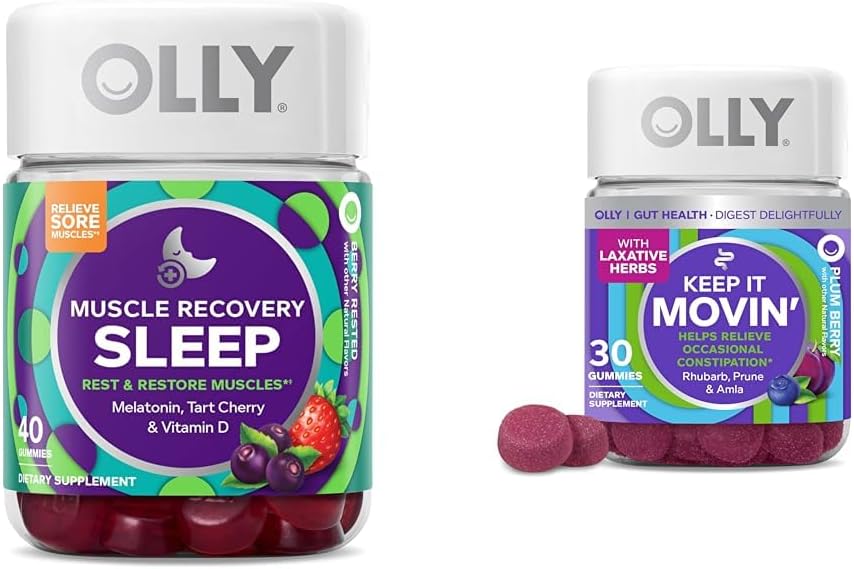 OLLY Muscle Recovery Sleep Gummies with Melatonin, Tart Cherry & Vitamin D, Constipation Relief Gummies with Rhubarb, Prunes & Amla - 40 & 30 Count
