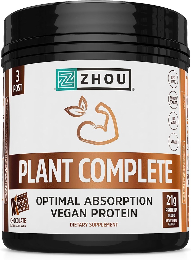 Zhou Plant Complete Vegan Protein Powder - Plant Based Protein Powder for Women ' Men, Non Dairy Rice & Pea Blend for Smoothies & Shakes, 21g Protein Por Serving - Chocolate, 17.7oz (16 Servings)