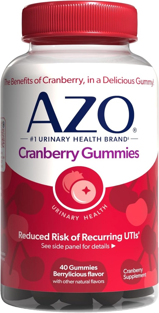 AZO Cranberry Urinary Tract Health Gummies Suplemento dietético 2 Gummies = Glass Cranberry Juice Ayuda a limpiar Protege Natural Berrylicious Flavor Gummies, Non-GMO, 40 Conde