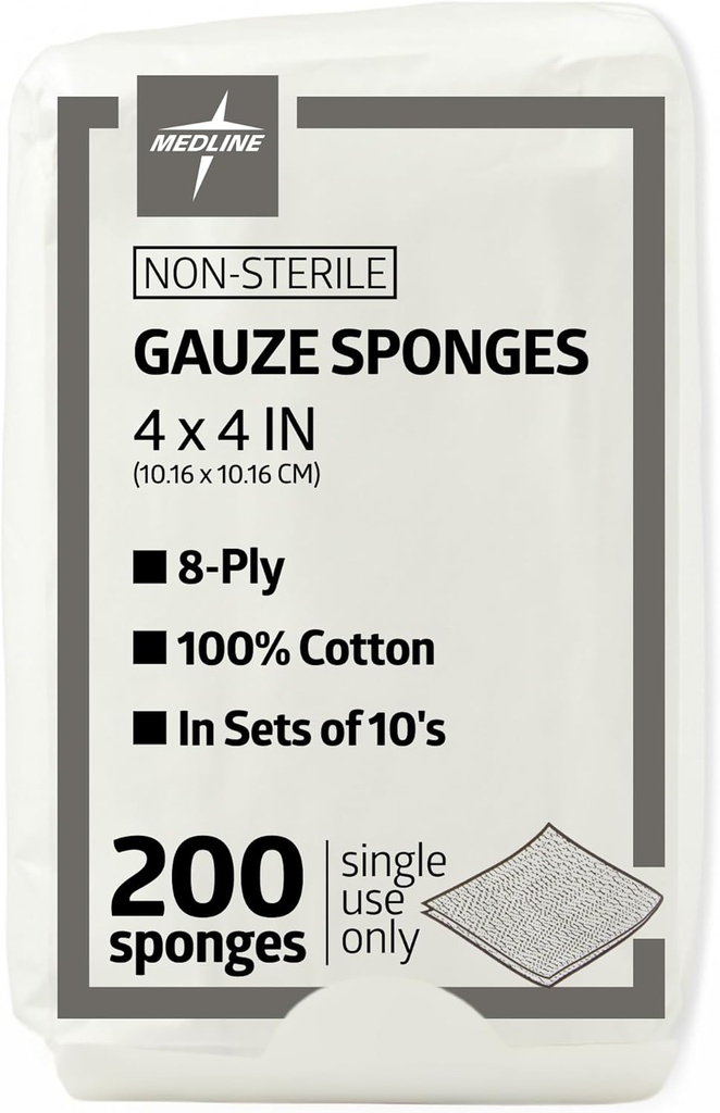 Medline 4 x 4 Esponjas de Gauze de Hinchera, No estéril 8-Ply Gauze, 100% Algodón, Ideal para el Vestido de Herido, Cuidado de Heridas, Uso de Primeros Auxilios Generales, Pack de 200
