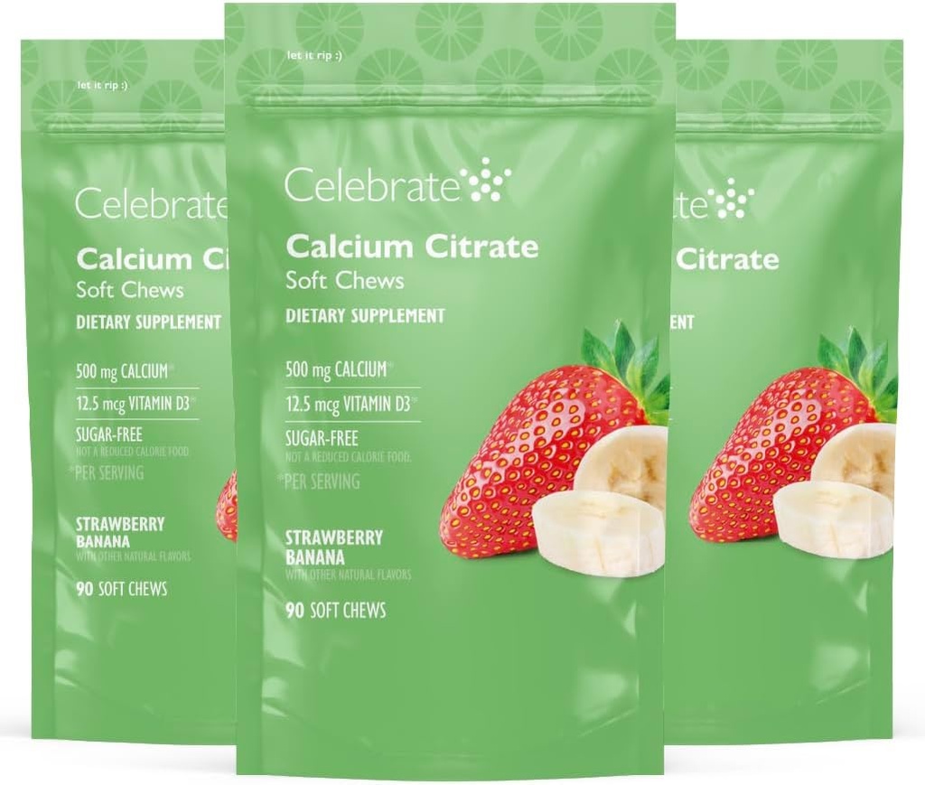 Celebrar vitaminas Bariatric 500mg Calcio Citar cerdas blandas con 500 UI Vitamina D3 – Esencial para el bypaso gástrico Pacientes " Bone Health - Sugar " Gluten Free, Strawberry Banana (270 Chews)