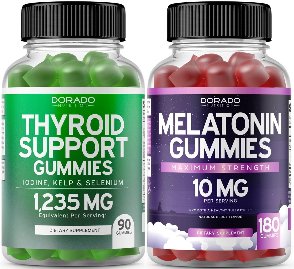 Soporte para tiroides para mujeres y hombres (90 gummies) Suplemento de apoyo - Delicious Apple Flavor - Melatonin Gummies para adultos (180 conde) - Quick Dissolve Melatonin 10mg Gummies - Non GMO, Vegan &amp; USA Made